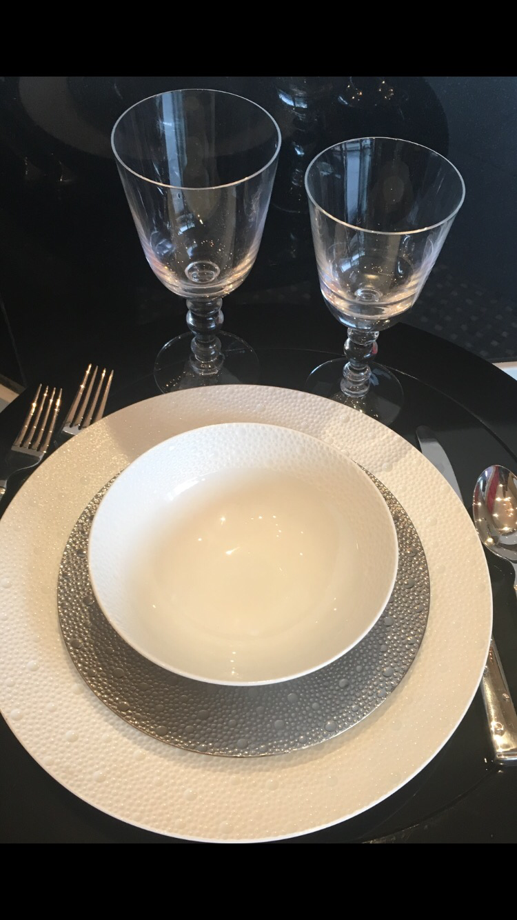 Bernardaud Ecume Dinnerware 12 3 piece place settings -White Service, Silver Salad, White Soup/Cereal Bowl $229 per setting