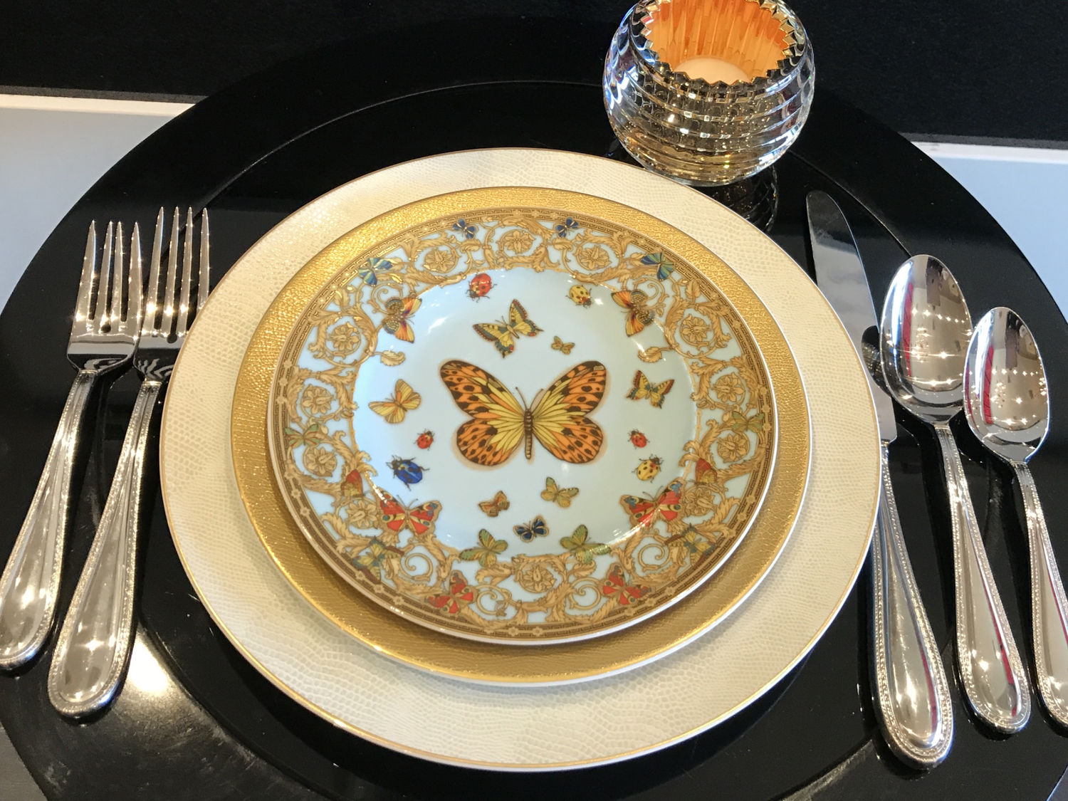 Bernardaud Sauvage White and Versace Dinnerware-3 pc Place Settings-Dinner, Gold Salad, Coupe Soup