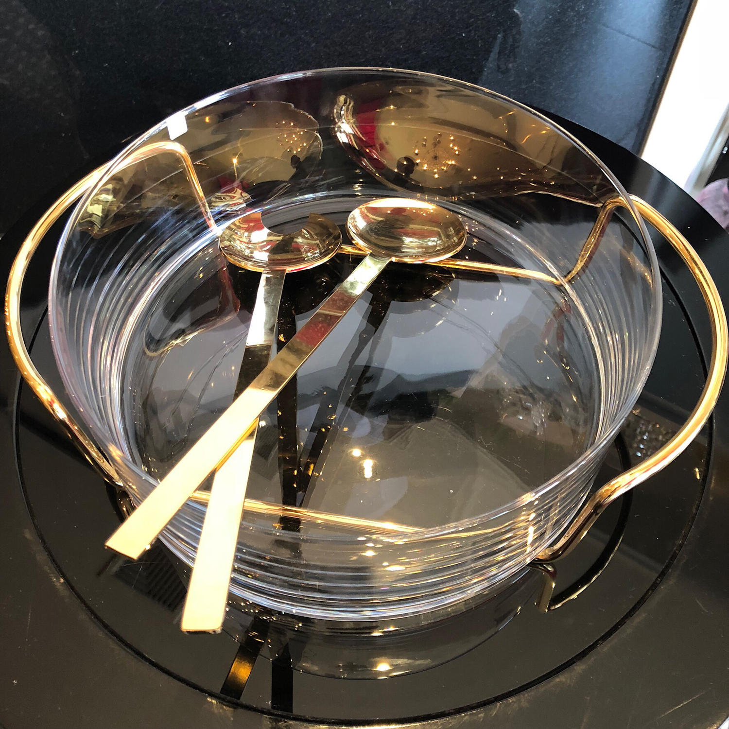 Gold and Glass Salad Bowl With Servers PUCHASED