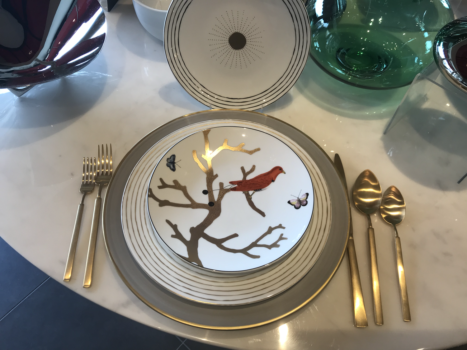 Anna Weathrley -Charger and Bernardaud Aboro Dinner, salad, and soup and 14 white Aux Oiseaux Salad Plates- $245 Per 4 Pc Place Setting