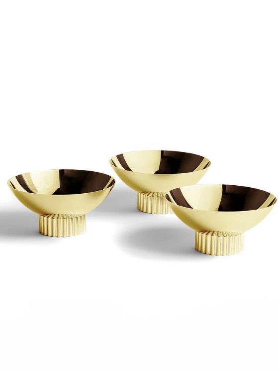 Striations Trio Bowl Set On Tray , Gold