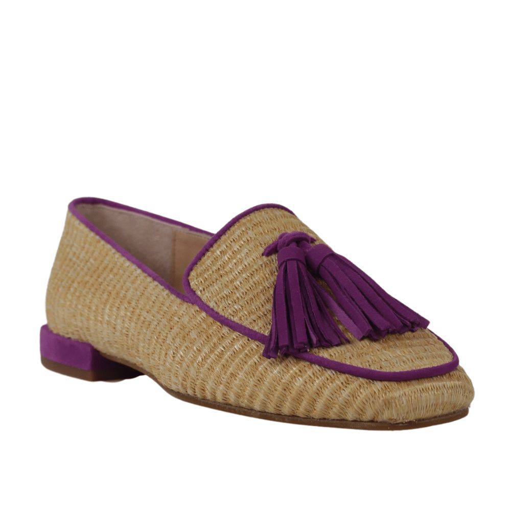 Mocasines rafia beige con borlas lilas.cd002