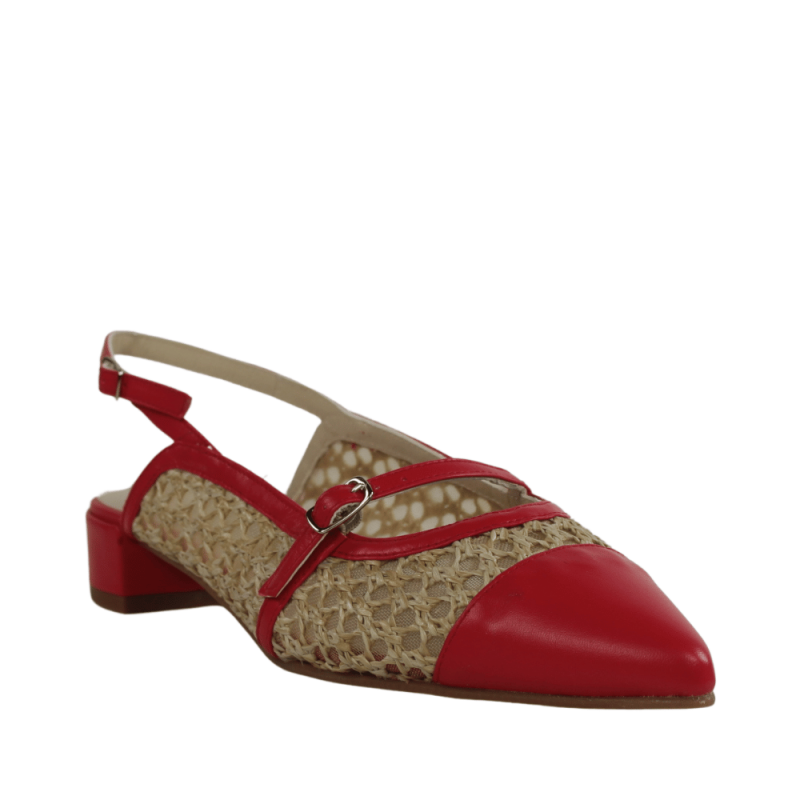 Salones destalonados rafia beige y piel roja.3791
