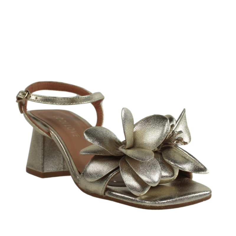 Lodilove sandalias doradas de piel con flor.25vl4-ap