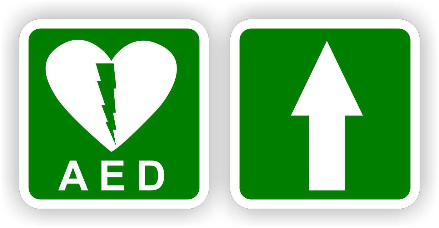 stickers zijn voorzien van een duidelijk herkenbaar pictogram en de tekst &quot;AED&quot;. En een 2e sticker om je de weg te wijzen naar het AED apparaat. 