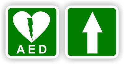 stickers zijn voorzien van een duidelijk herkenbaar pictogram en de tekst &quot;AED&quot;. En een 2e sticker om je de weg te wijzen naar het AED apparaat. 