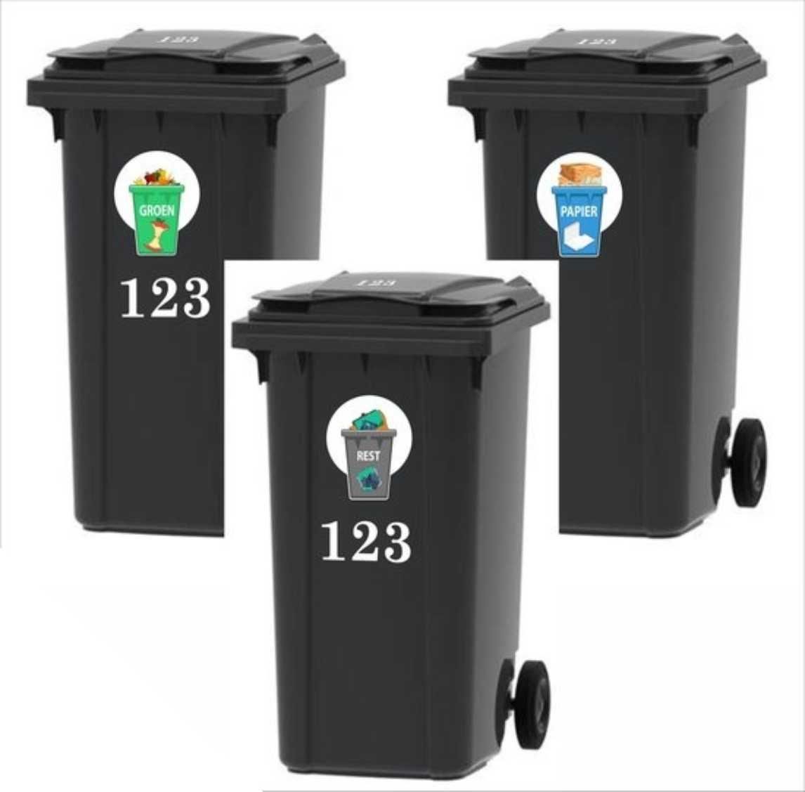 Rest-, Groen-, Papierafval recycling sticker set