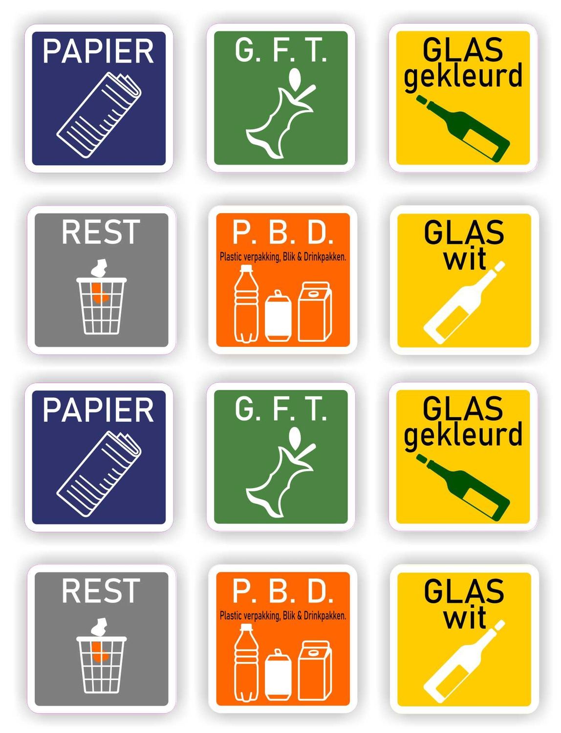 Papier, Rest, GFT, PBD, Glas  Afvalbak sticker set 12 st.