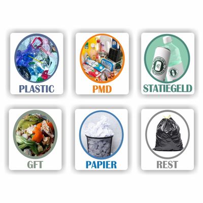 Afvalbak foto stickers met de recycling producten/