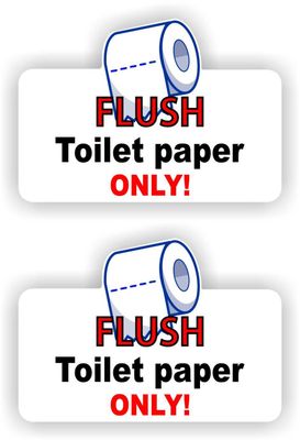 Flush toilet paper only stickers.