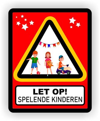 Let op! Spelende kinderen waarschuwingsbord sticker.