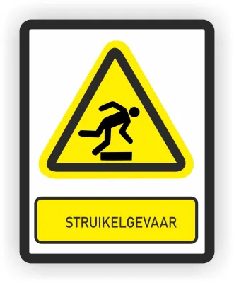 ISO norm 7010 sticker met tekst Struikelgevaar