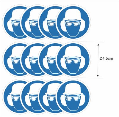 Veiligheidsbril en helm verplicht  ISO 7010 stickers Ø4,5