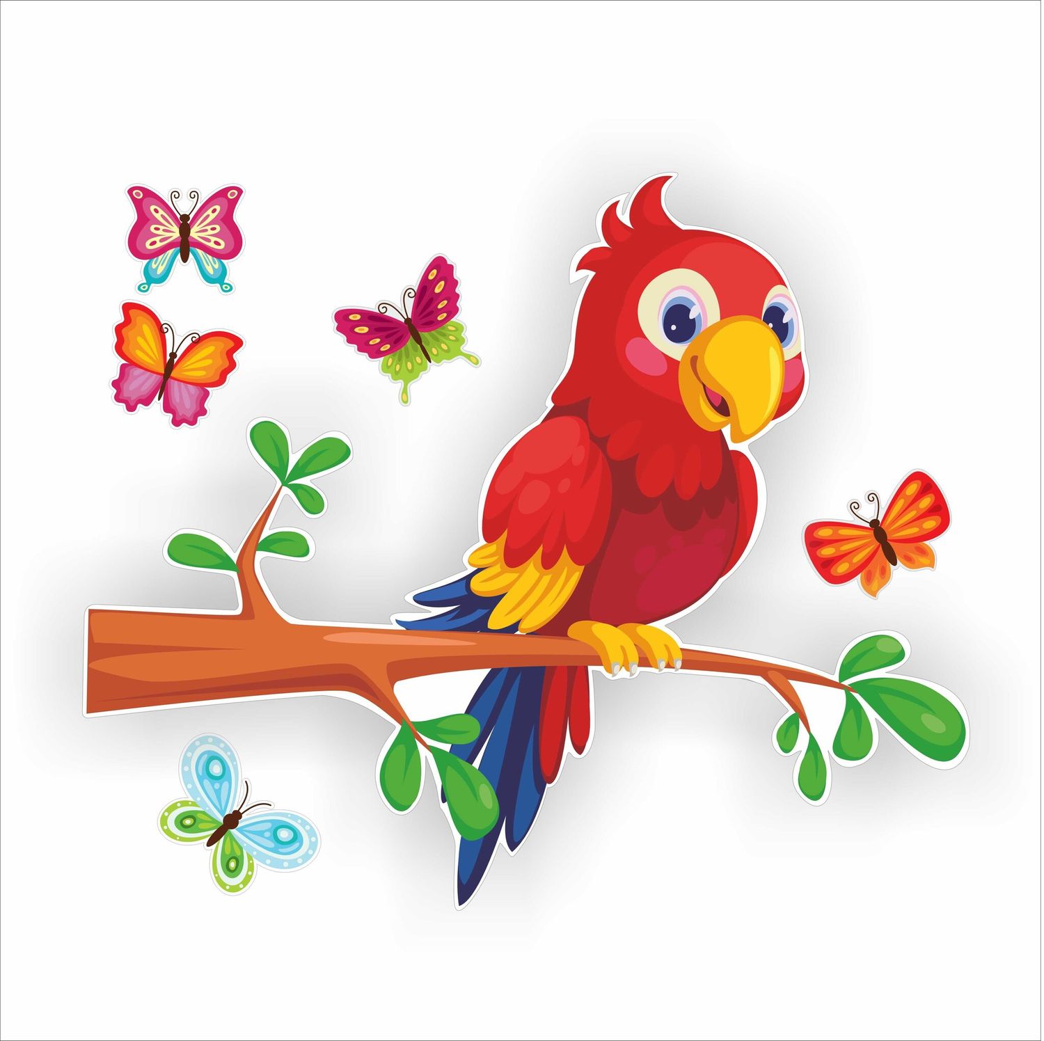 Papegaai raamsticker met 5 vlinders.