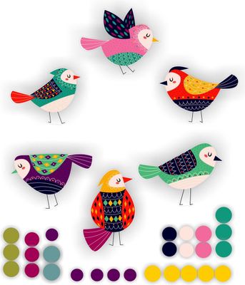 Vogelraamstickers set 6 vogels met stippen.