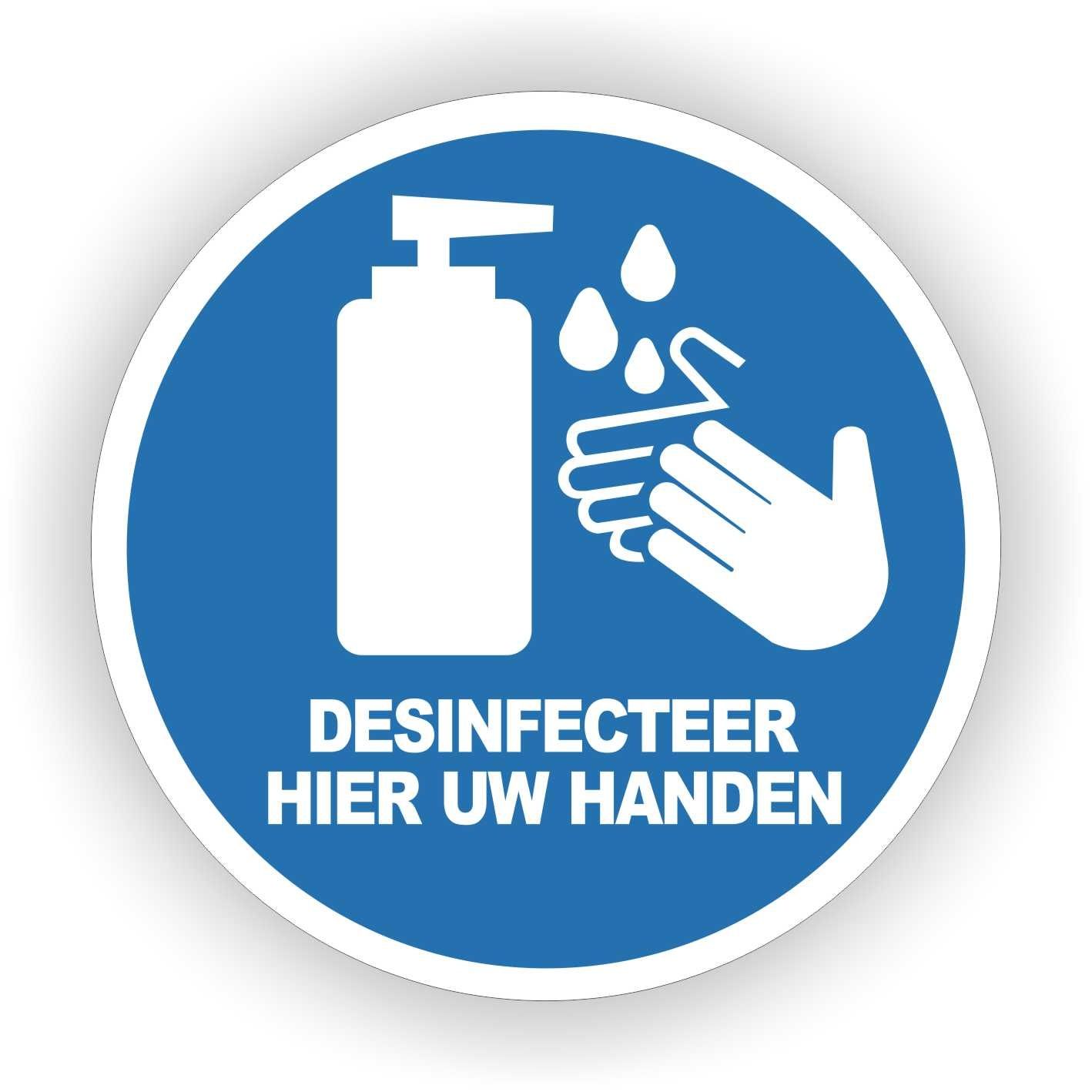 Een sticker die mensen eraan herinnert hun handen te desinfecteren.