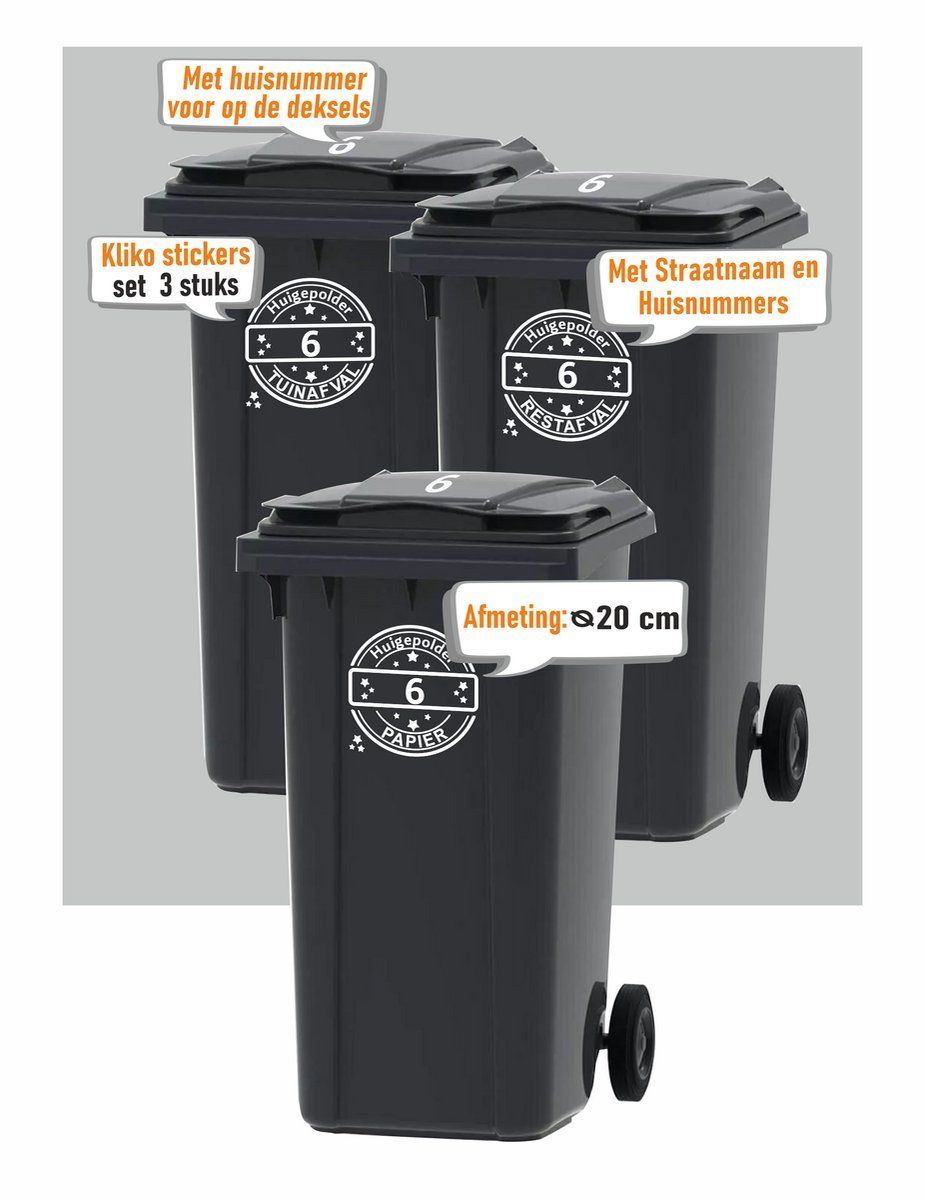 Kliko stickers 3 st. (Tuinafval, Rest, Papier) Straatnaam en huisnummer