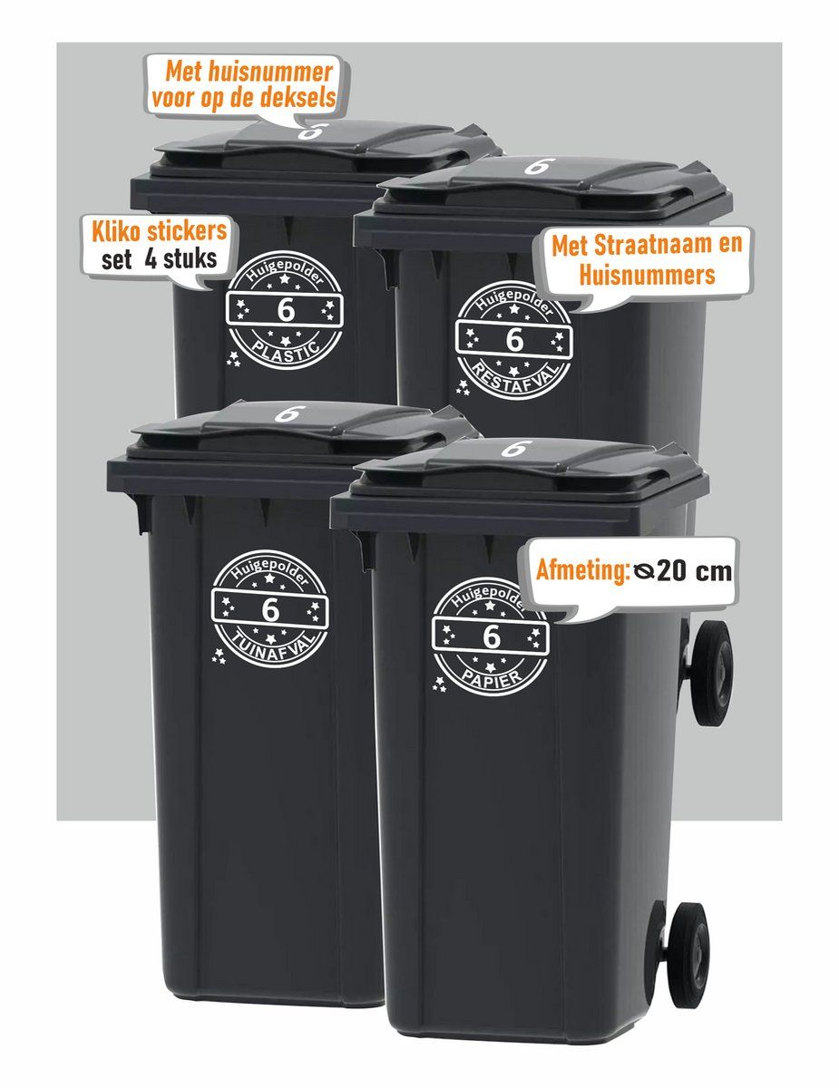 Kliko stickers 4 st. (Plastic, Tuinafaval, Rest, Papier) Straatnaam en huisnummer