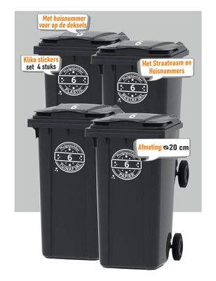 Kliko stickers 4 st. (Plastic, Tuinafaval, Rest, Papier) Straatnaam en huisnummer