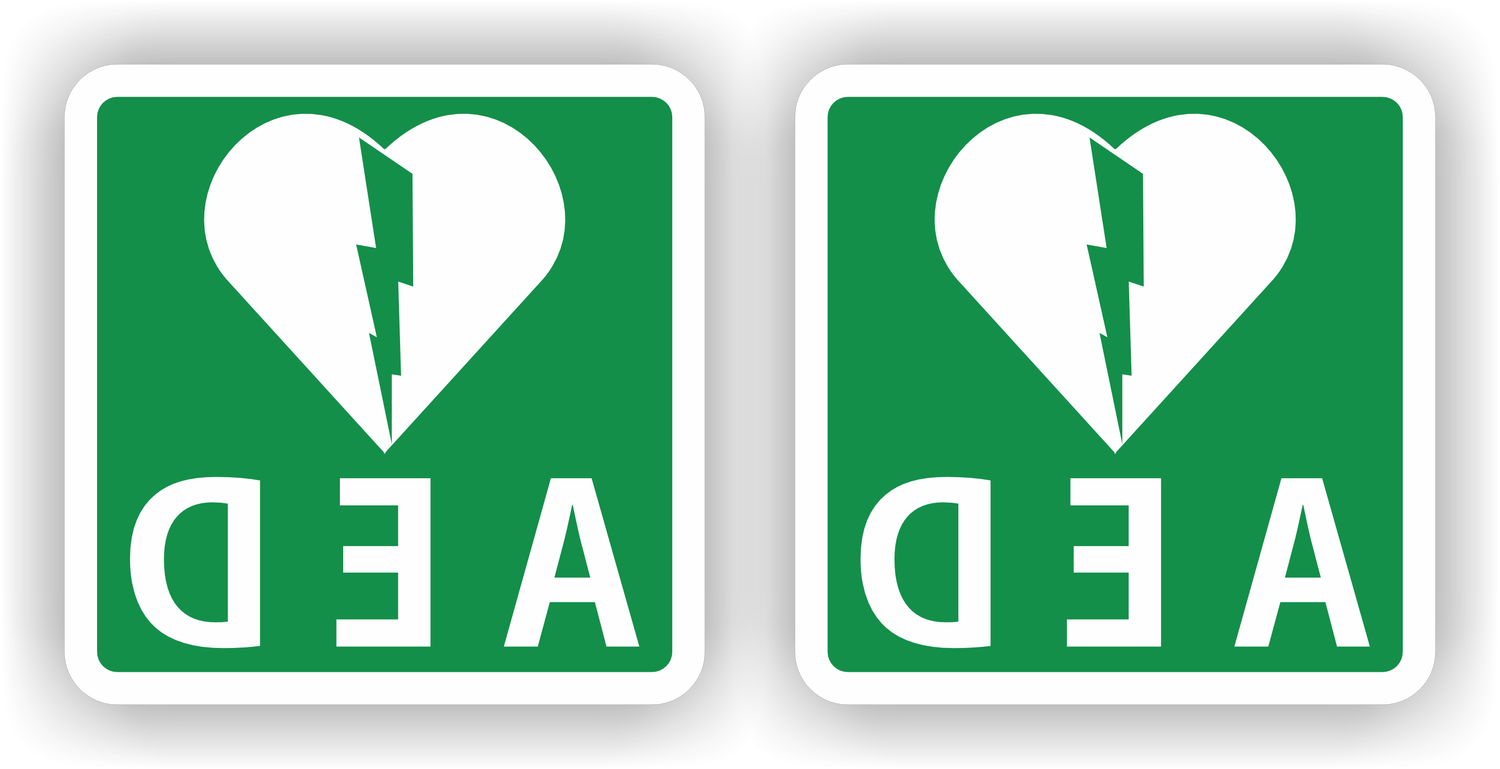 AED Raamstickers Set 2 st. 10x10cm (Spiegelbeeld, Binnen Plakken / Buiten Lezen)
