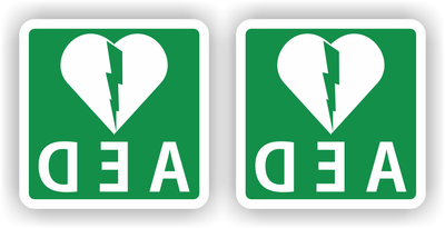 AED Raamstickers Set 2 st. 10x10cm (Spiegelbeeld, Binnen Plakken / Buiten Lezen)