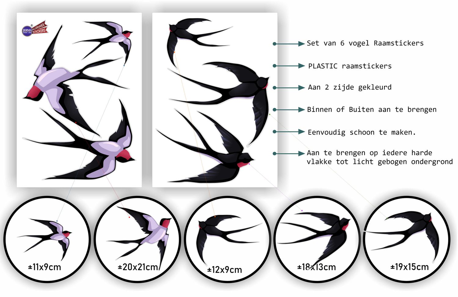 Zwaluw raamstickers set van 6 vogelstickers