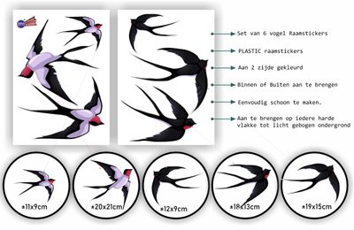 Zwaluw raamstickers set van 6 vogelstickers