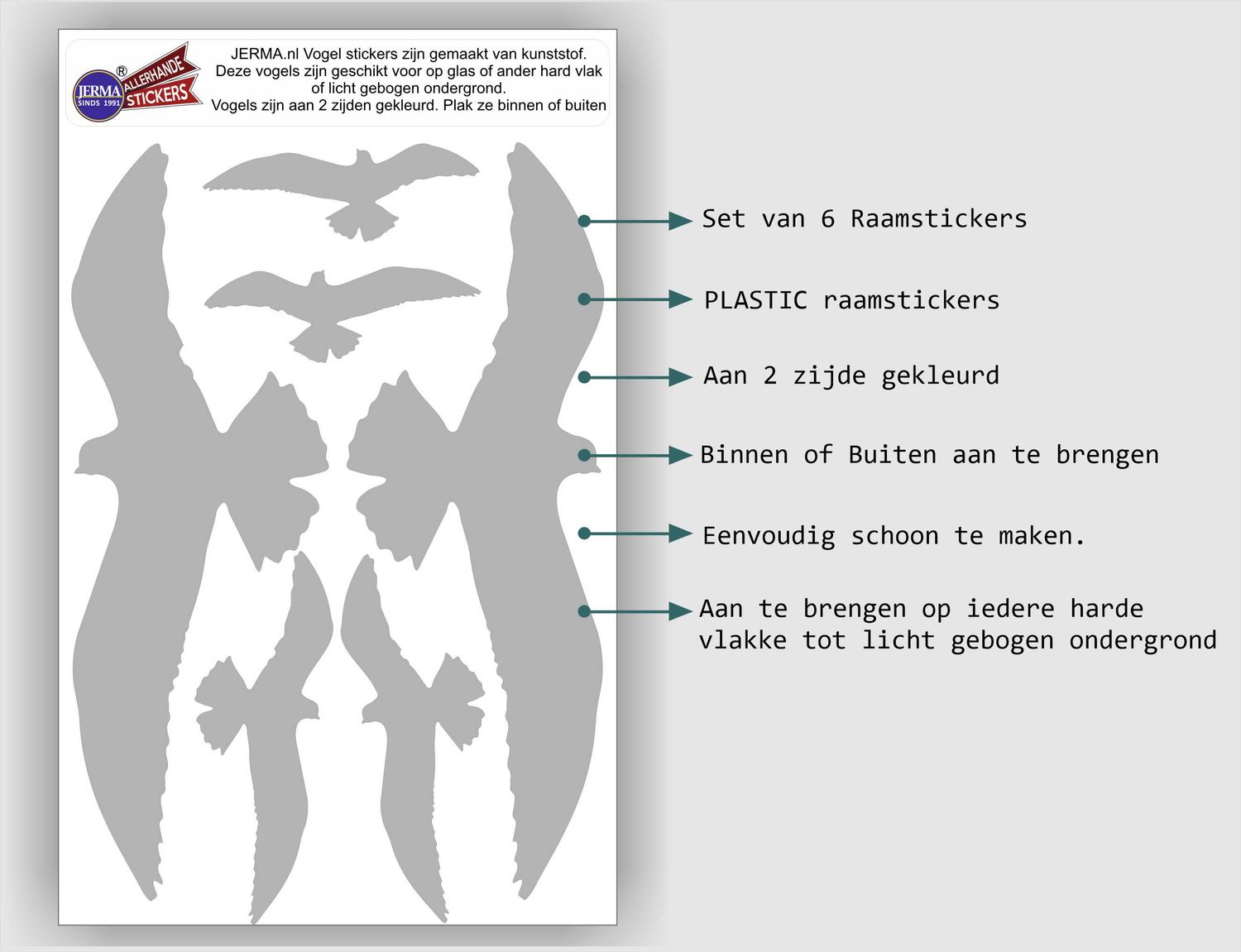 Vogelbescherming stickers set 6  vogels grijs
