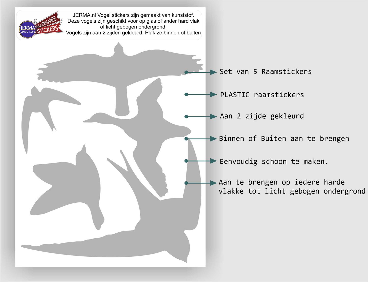 Vogelbescherming stickers set 5 vogels, grijs