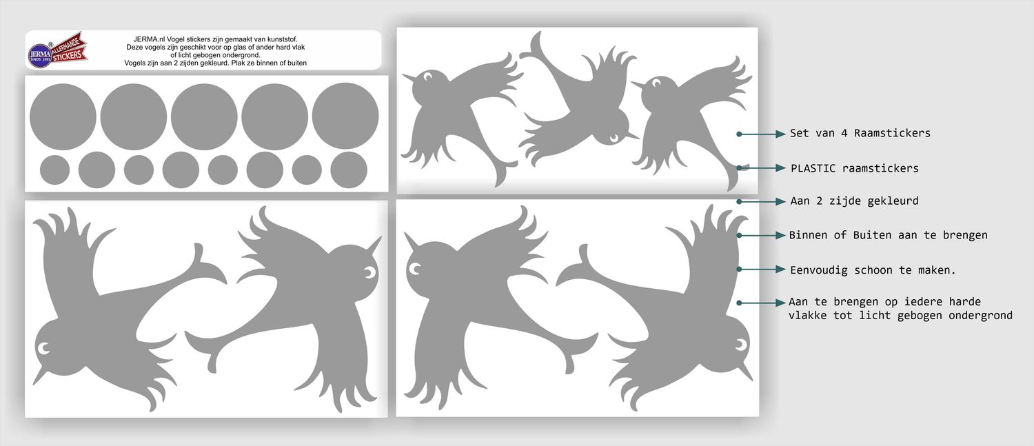 Vogel raamsticker 7 vogels grijs
