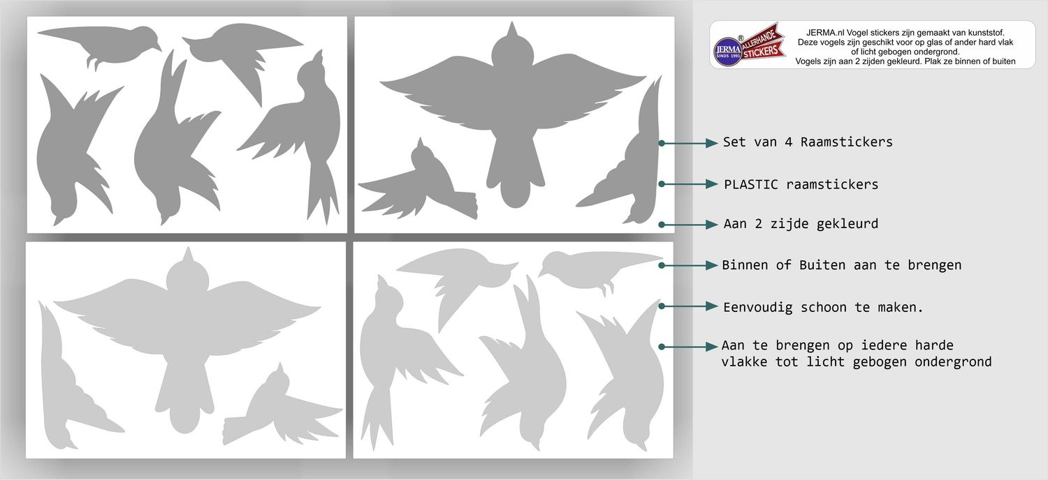 Vogel raamsticker set 16 st. kleur licht en donker Grijs