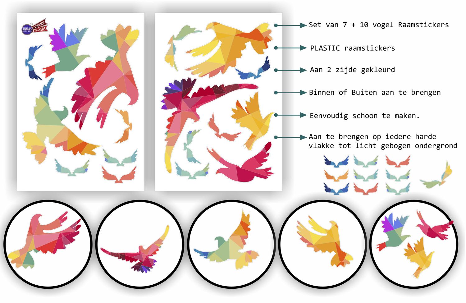 Vogel raamsticker kleurige Tangram vogels