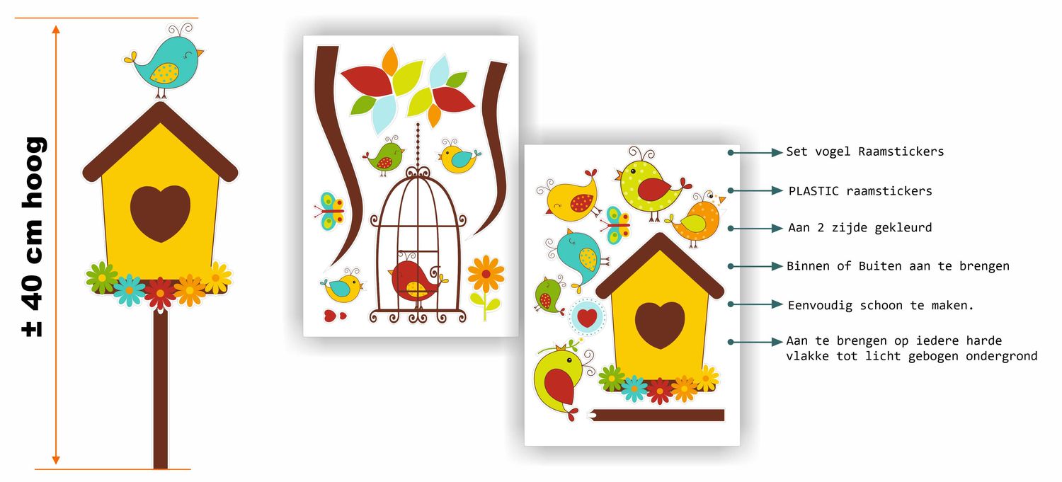 Raamsticker met o.a. vogelhuisje en vlinders