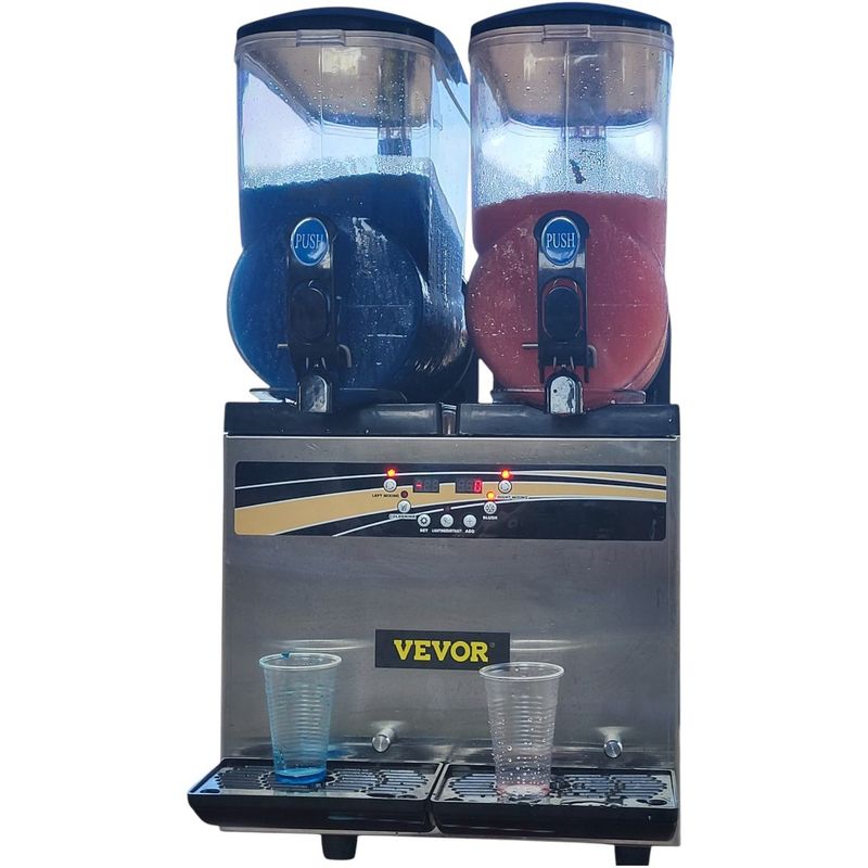 Slush-Eis-Maschine 2 × 15 Liter – Komplettpaket inkl. 30 Liter fertigmix Slush, 150 Becher 0,2 Liter, 150 Löffelhalme