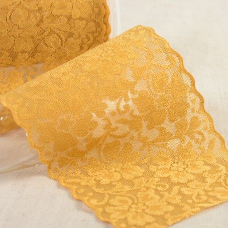 Elastische kant met bloem 100 mm mosterd