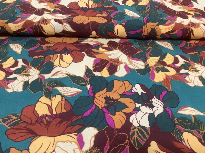 Crepe bloemen petrol/bruin