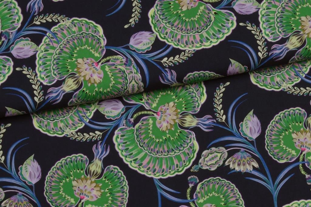 Viscose blauw met groene bloem