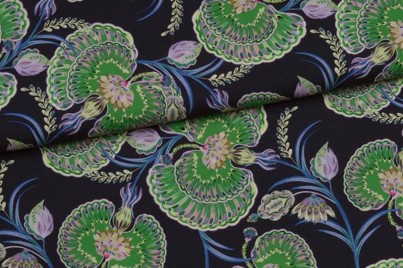 Viscose blauw met groene bloem