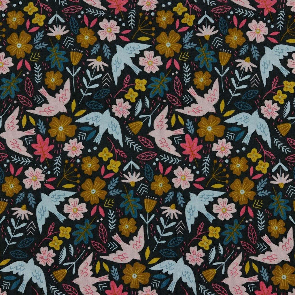Ribfluweel flowers and birds 85 cm