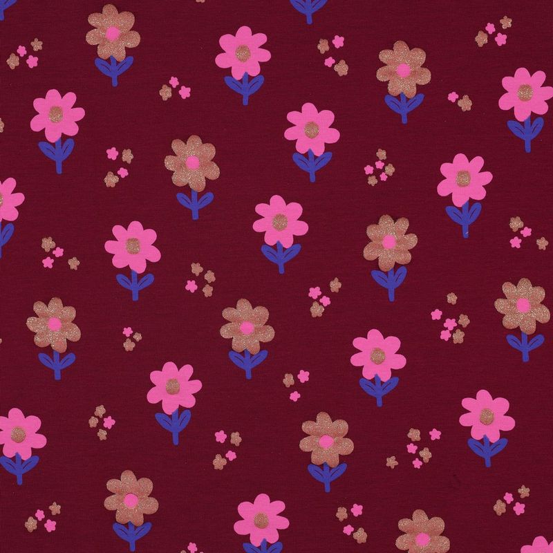 Jersey|glitter flowers|bordeaux