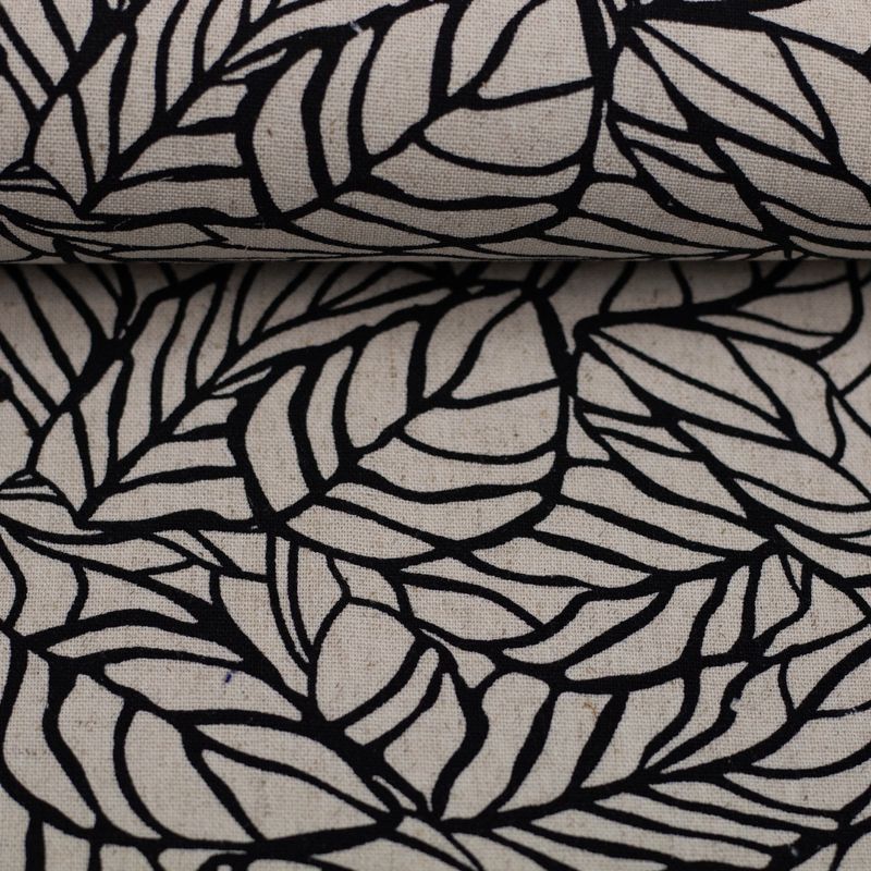 Linnen viscose|bladprint|naturel zwart