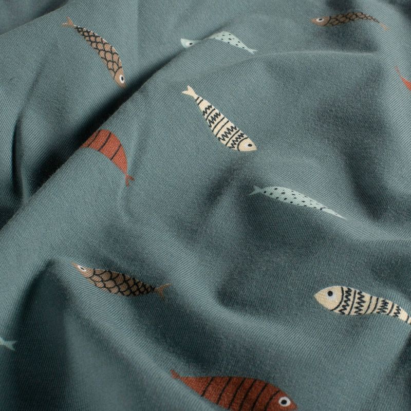 Tricot indigo | met bedrukte vissen