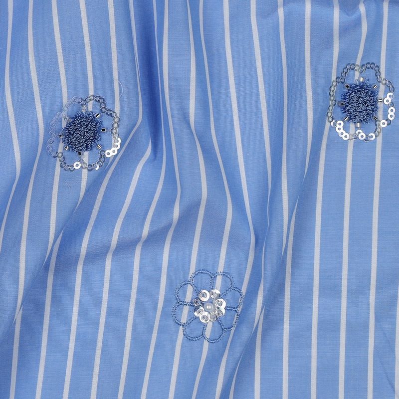 Katoen met strepen | licht blauw wit | pailletten bloemen