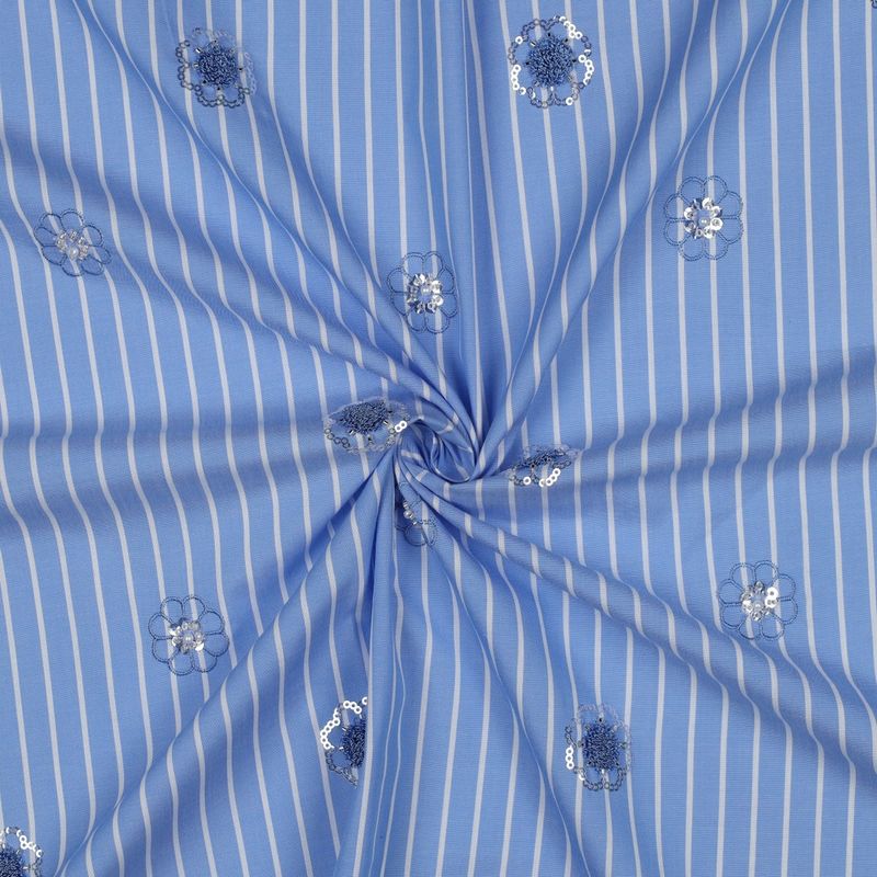 Katoen met strepen | licht blauw wit | pailletten bloemen
