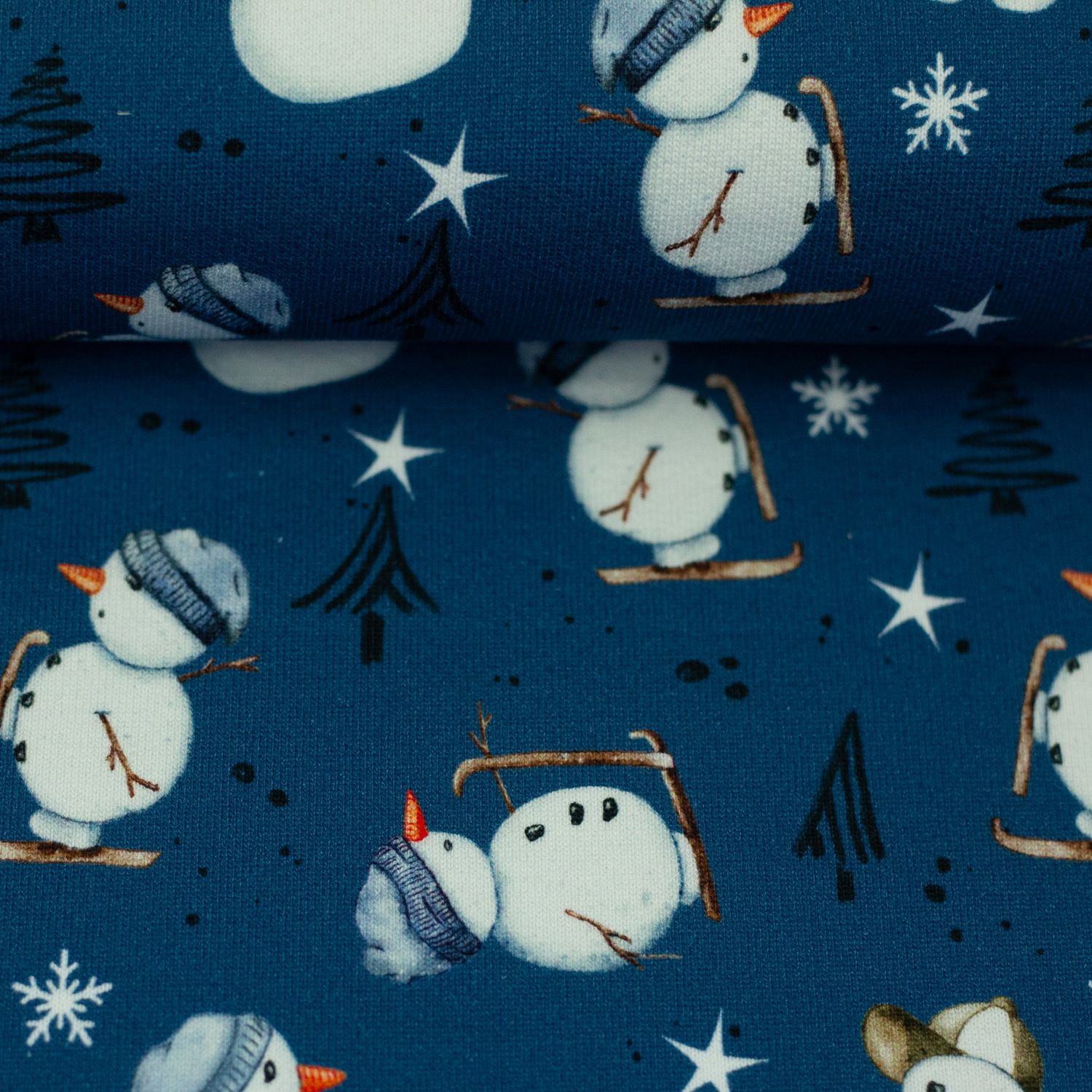 French Terry | Winterwonderland  by Sabine Marschall | Sneeuwman denimblauw