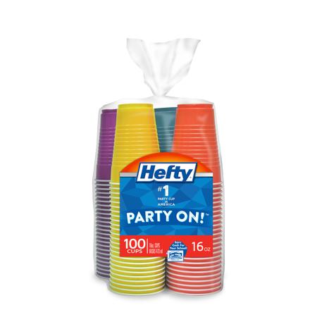Hefty Party On Disposable Plastic Cups, Assorted, 16 Ounce, 100 Count