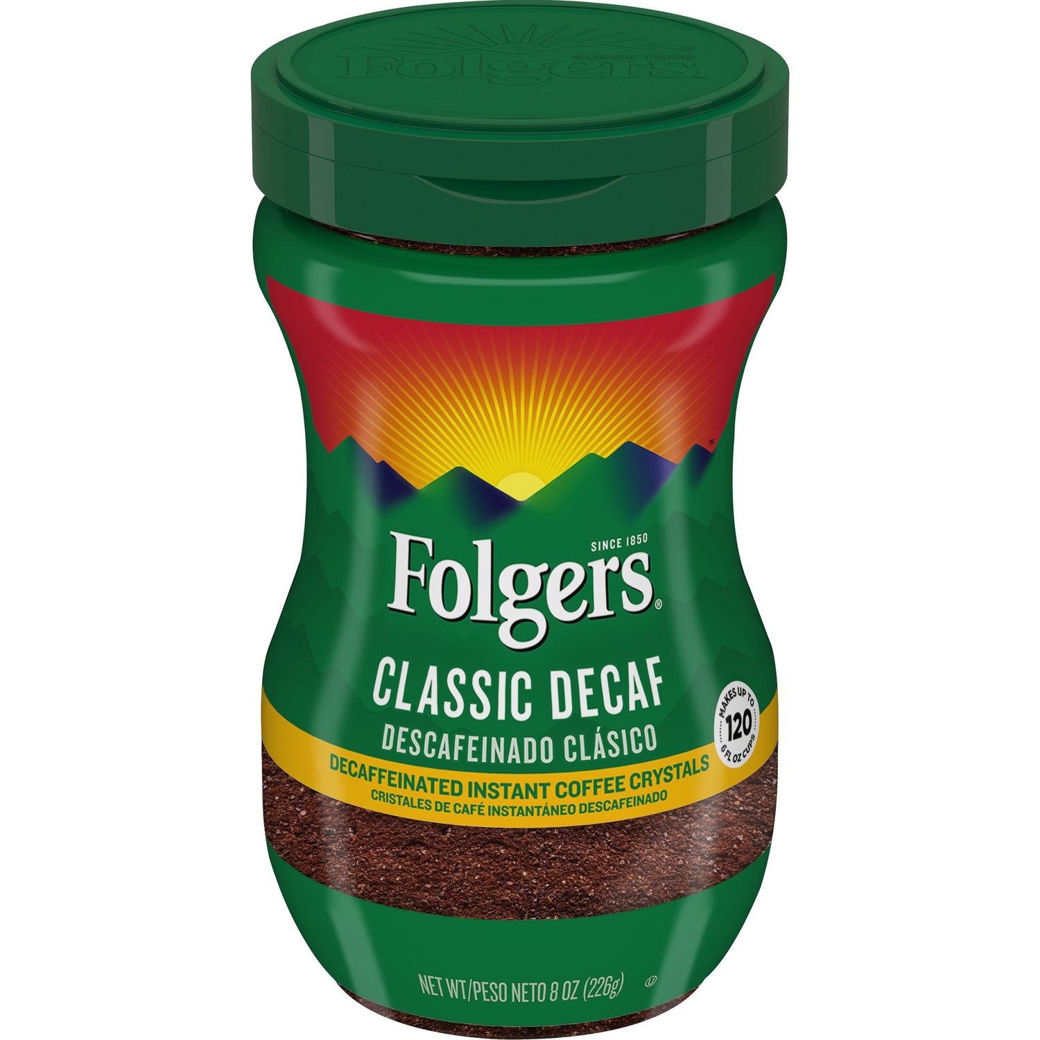 Folgers Classic Decaf Instant Coffee Crystals, 8 Ounce Easy-Open Flip-Top Jar