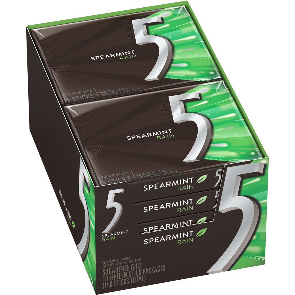 5 Gum Spearmint Rain Sugar Free Chewing Gum, 15 Pieces (Pack of 10)