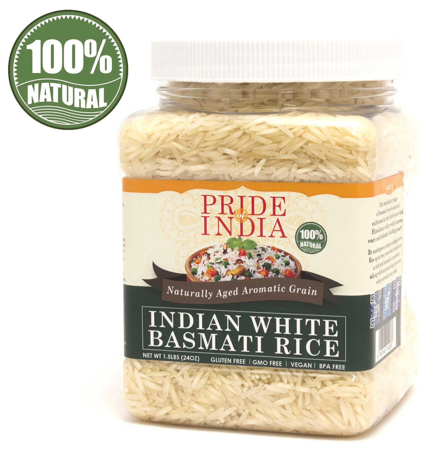 Pride Of India - Premium Indian White Basmati Rice - 3.3 lbs (1.5 kg) Jar