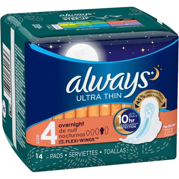 Always Ultra Thin Size 4 Overnight with FLexi-Wings Pads 14 ct Pack